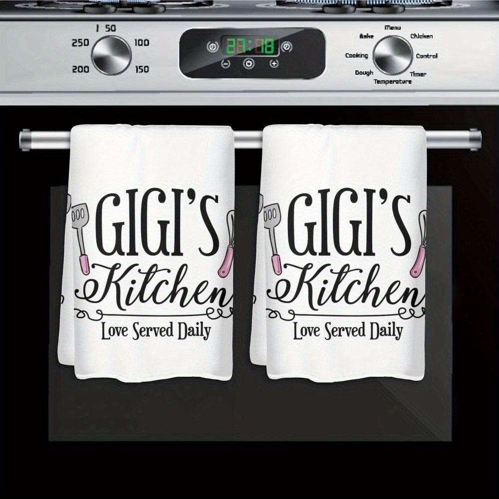 Two-Pack Gigi's Kitchen Towels, 23.6 x 15.7 Inches Each with White Utensil Print and 370GSM Label