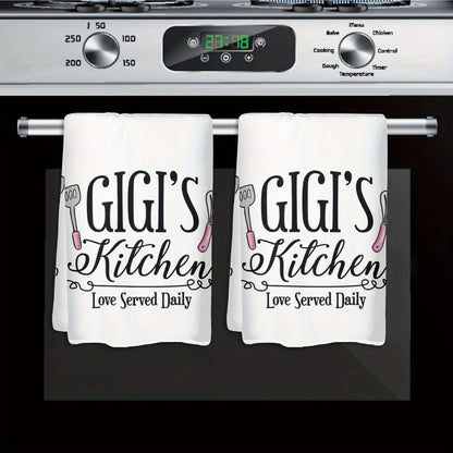 Two-Pack Gigi's Kitchen Towels, 23.6 x 15.7 Inches Each with White Utensil Print and 370GSM Label