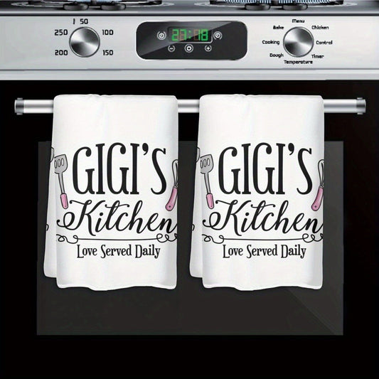 Kitchen Dish Towels 2 Pack 23.6x15.7 Inch - Decorative Hand Towels 370GSM Polyester Cartoon Utensil Graphic Love Served Daily Text Lightweight Soft Absorbent | Home Hotel Restaurant Kitchen Decor Gift