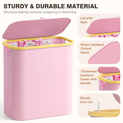 Pink 145L Laundry Hamper with Lid, Three Sorting Sections, Bamboo-Look Handles and Removable Inner Bags