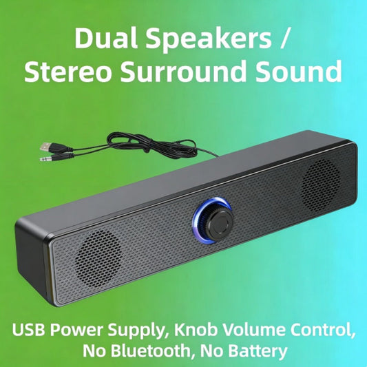 USB Wired Computer Soundbar Speaker for PC Desktop Laptop Monitor, Stereo Surround Sound Bar with Knob Volume Control, Plug & Play, No Battery Required, Slim Design for Home Office Gaming