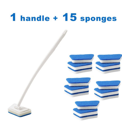 Long Handle Sponge Brush Set with Replaceable Heads for Kitchen Bathroom Tile Bathtub Cleaning – 1 Handle + 6/10/15 Brush Heads, Thickened Durable Scrubber