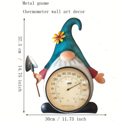 Metal Gnome Analog Thermometer Wall Decor with Teal Hat, Flower Accent and Round Temperature Dial
