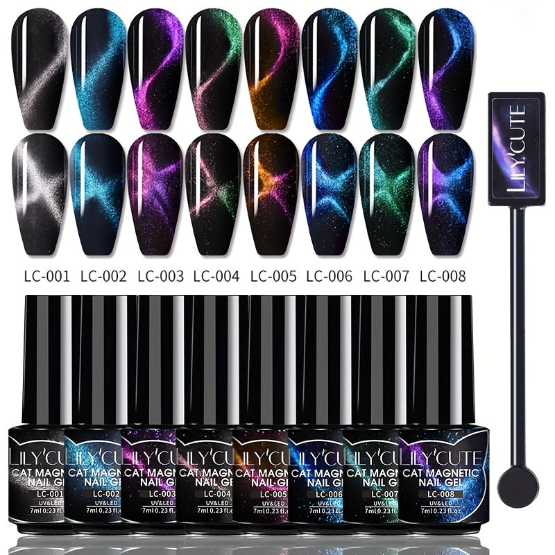 Gel Nail Polish – Cat Eye Magnetic 8pcs Aurora Glitter Black Crystal Semi-Permanent — 3D Light-Shifting Nail Art Gel No Base Color…