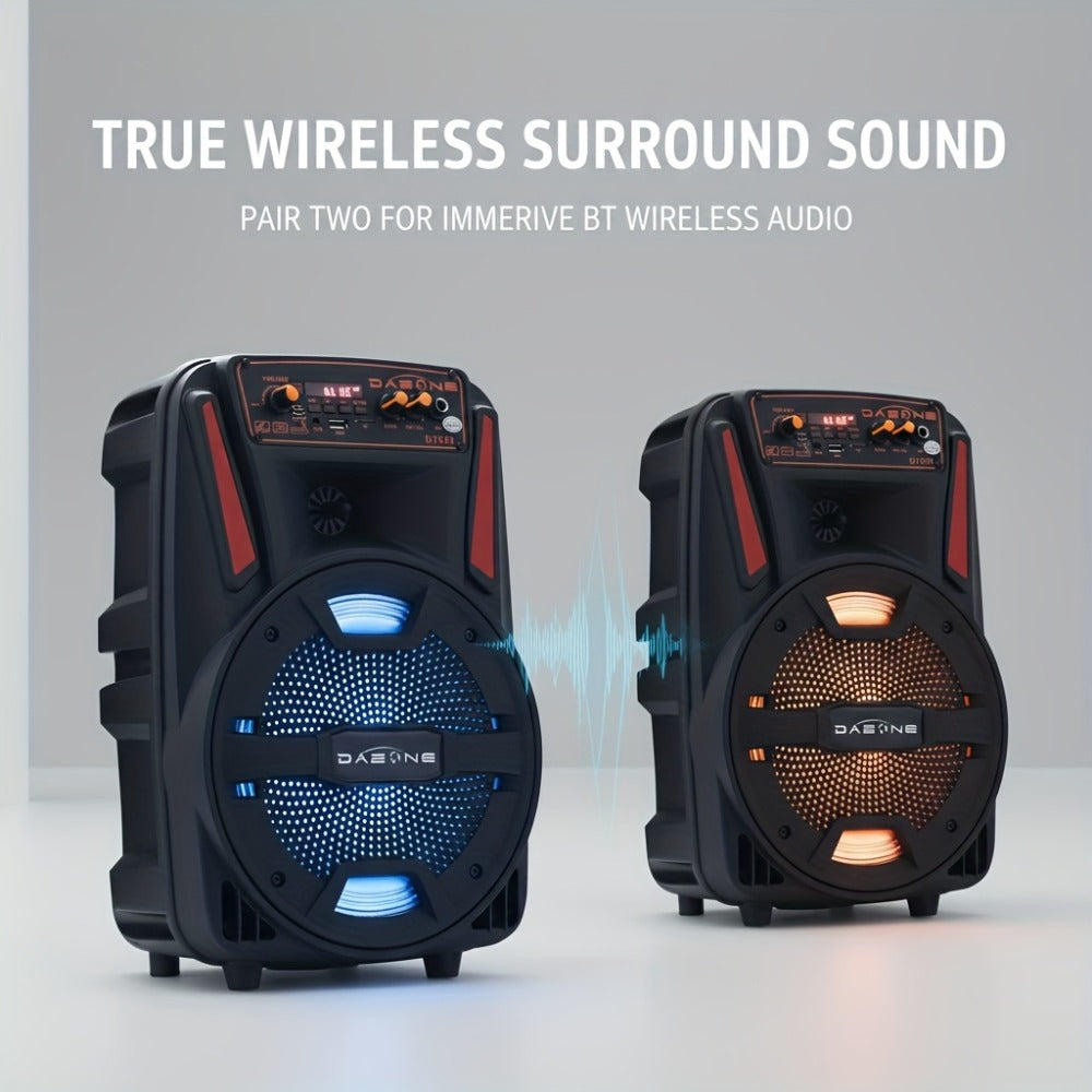 8-Inch Bluetooth Party Speaker with LED Lights & Wired Microphone – TWS Stereo Bass Boost, FM Radio, USB TF AUX Playback, Rechargeable Battery, Portable Wireless Speaker for Outdoor Parties & Karaoke