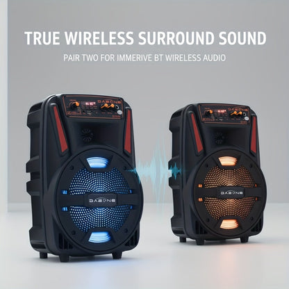 8-Inch Bluetooth Party Speaker with LED Lights & Wired Microphone – TWS Stereo Bass Boost, FM Radio, USB TF AUX Playback, Rechargeable Battery, Portable Wireless Speaker for Outdoor Parties & Karaoke