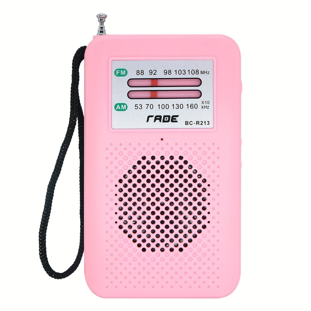 Pocket AM/FM Radio with Manual Tuner, Telescopic Antenna, Wrist Strap and Pink or Black Case