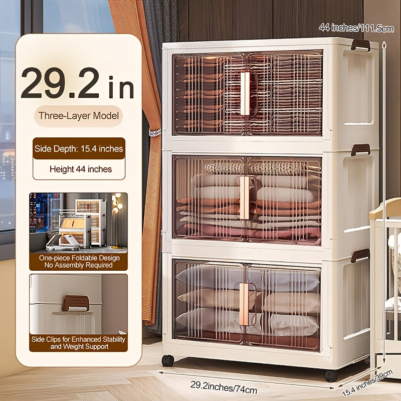 Storage Cabinet Folding Plastic Organizer with Magnetic Doors, Lockable Wheels and Three to Five Tiers