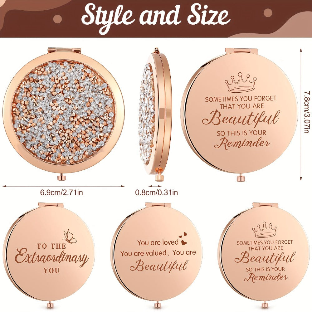 16-Piece Rose-Gold Rhinestone Compact Mirror Set with Engraved Messages and 2X Magnifying View