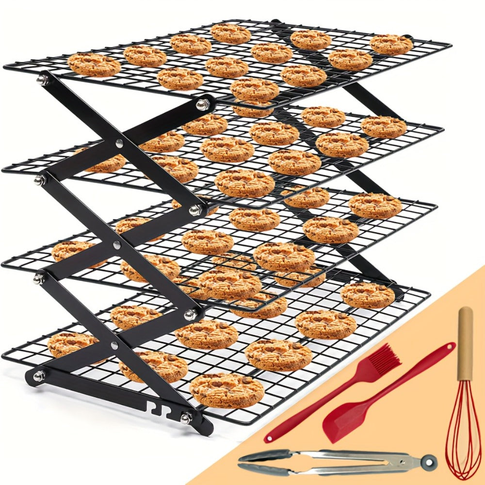 Foldable Cooling Rack Set – Stackable Oven Cookie Cake Drying Rack with Free Baking Tools (Silicone Spatula, Egg Beater, Tongs, Brush) | 3/4/5 Tier Options for Kitchen, Camping & Holiday Baking