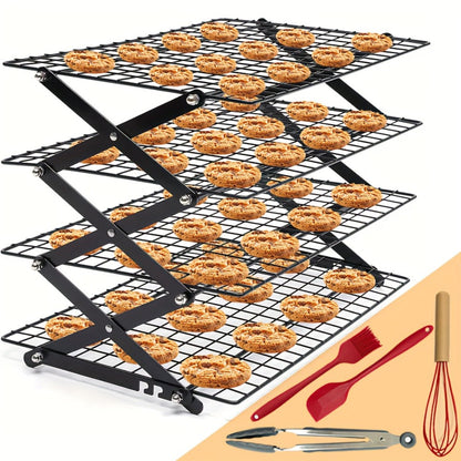 Foldable Cooling Rack Set – Stackable Oven Cookie Cake Drying Rack with Free Baking Tools (Silicone Spatula, Egg Beater, Tongs, Brush) | 3/4/5 Tier Options for Kitchen, Camping & Holiday Baking