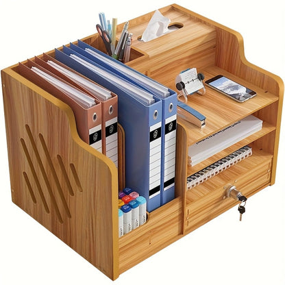 Wooden Desktop Document Organizer with File Slots, Open Shelves, Small Drawer and Approximately 38 cm Width