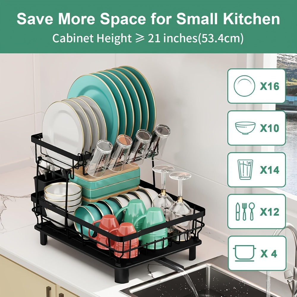 Dish Drying Rack Kitchen Organizer with Two Tiers, Drain Board, Utensil Cup and Three Color Options