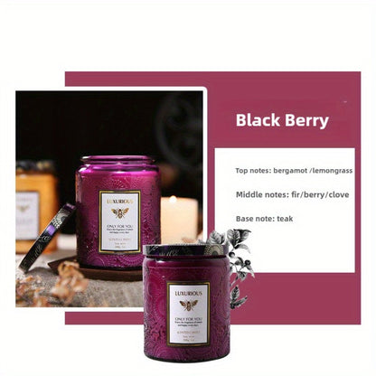 Single-Wick Relief Glass Jar Candle with Seven Scent Labels, Crystal-Style Detail and Boxed Presentation