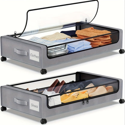 Rolling Fabric Under-Bed Storage Bins with Clear Zip Covers, Label Windows and Black or Gray Sets