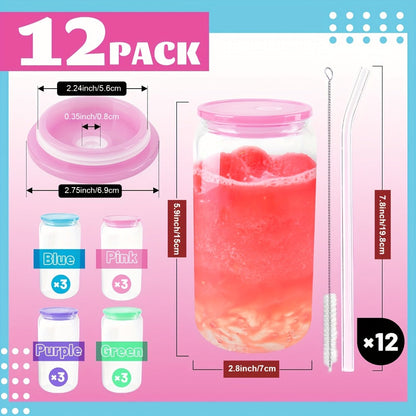 Frosted Sublimation Glass Tumblers 16oz Borosilicate Can Cups with Acrylic Lids – Set of 8 or 12 for Juice, Soda & Iced Coffee