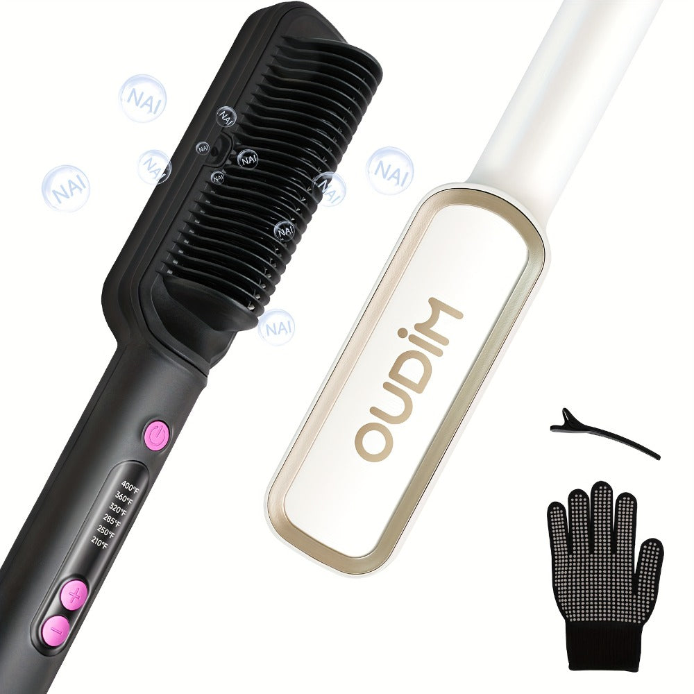 Ionic Hair Straightener Brush Anti-Scald – Precise Temperature Control Auto Shut-Off Straightening Comb Flat Iron for Women All Hair Types – Rose Gold, Black, Gift for Her