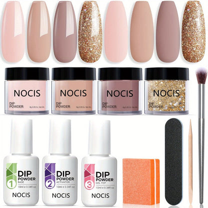 Dip Powder Nail Kit with NOCIS Label, Four Nude and Gold Glitter Powders, Three 10ml Liquids and Four Tools