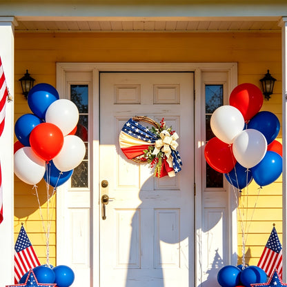 Red, White and Blue Patriotic Door Wreath with Flag Ribbon, Berries and Bow for Seasonal Home Display