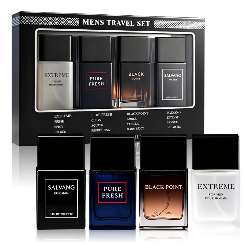 EDT Cologne Gift Set for Men 4 Piece Variety 4 Different Scents Long Lasting Fragrance Mini Bottles 0.85oz Each Travel Friendly Holiday Birthday Dating Party Gift Box for Him