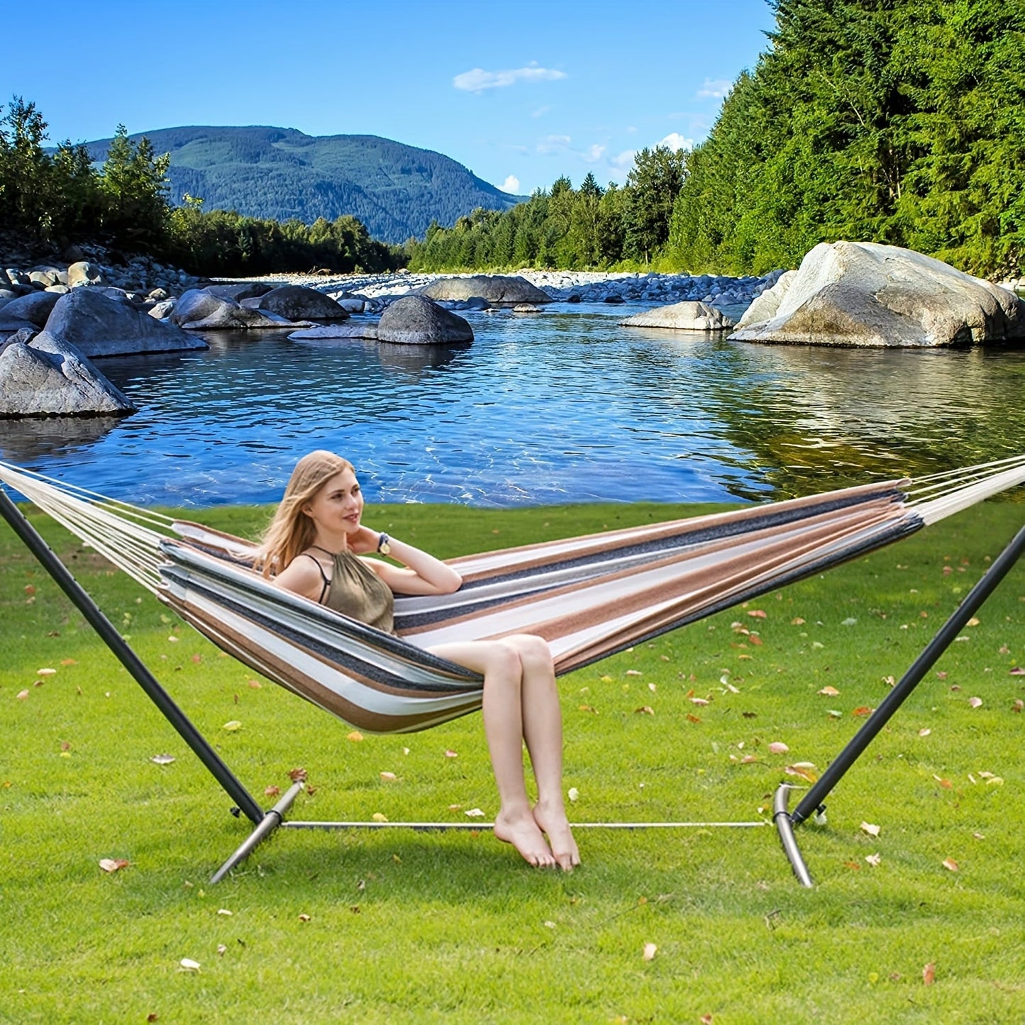 Hammock and Steel Stand Set with Pillow, Carry Case, Eight Colors and 450 lb Load-Limit Marking
