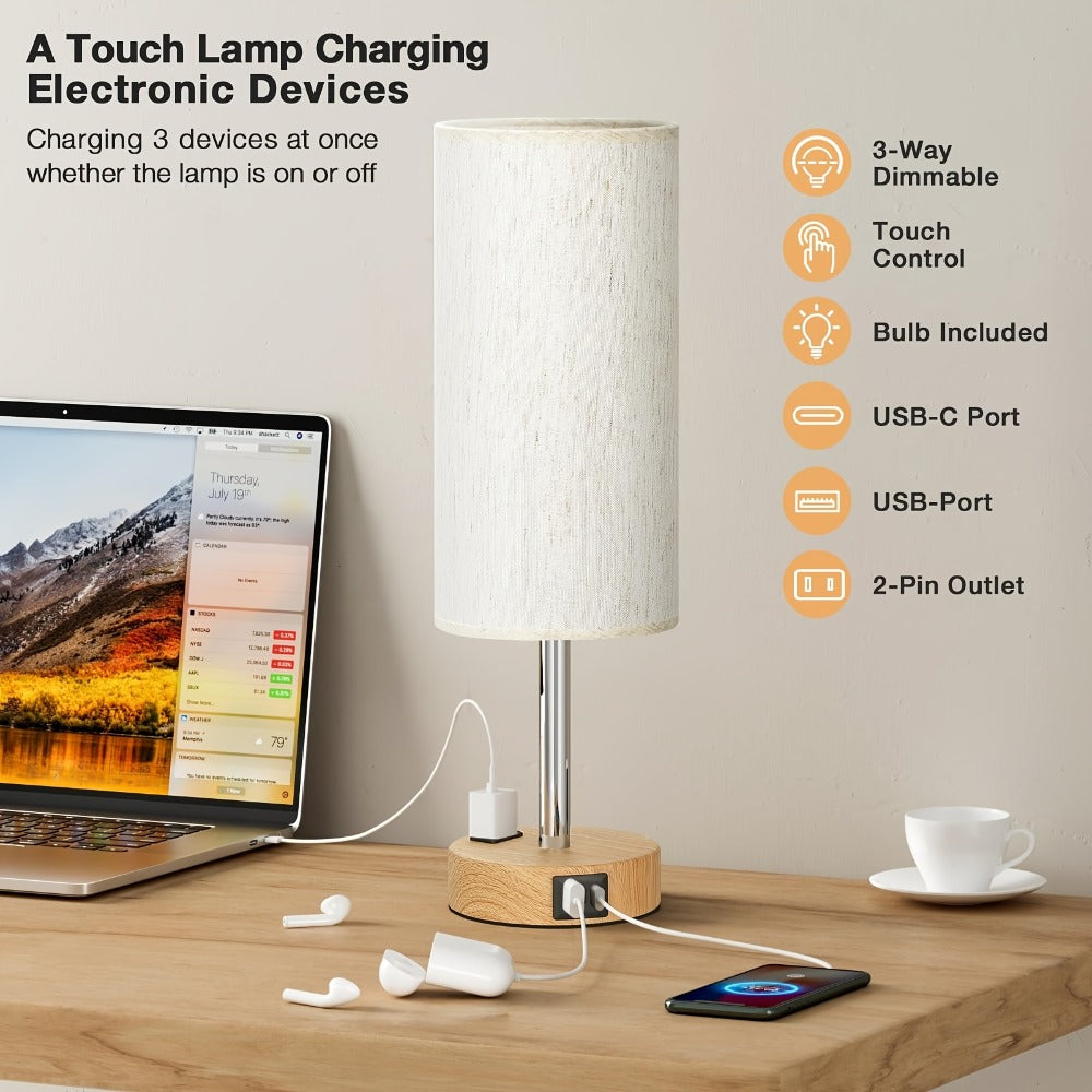 Dimmable Table Lamp with USB Charging Ports & AC Outlet - 3-Way Touch Control Bedside Nightstand Lamp, 6W LED Bulb Included, Wood & Metal Base, Modern Desk Light for Bedroom, Living Room & Office (1 or 2 Pack)