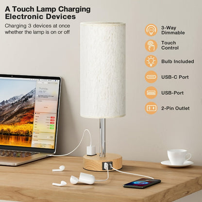 Dimmable Table Lamp with USB Charging Ports & AC Outlet - 3-Way Touch Control Bedside Nightstand Lamp, 6W LED Bulb Included, Wood & Metal Base, Modern Desk Light for Bedroom, Living Room & Office (1 or 2 Pack)