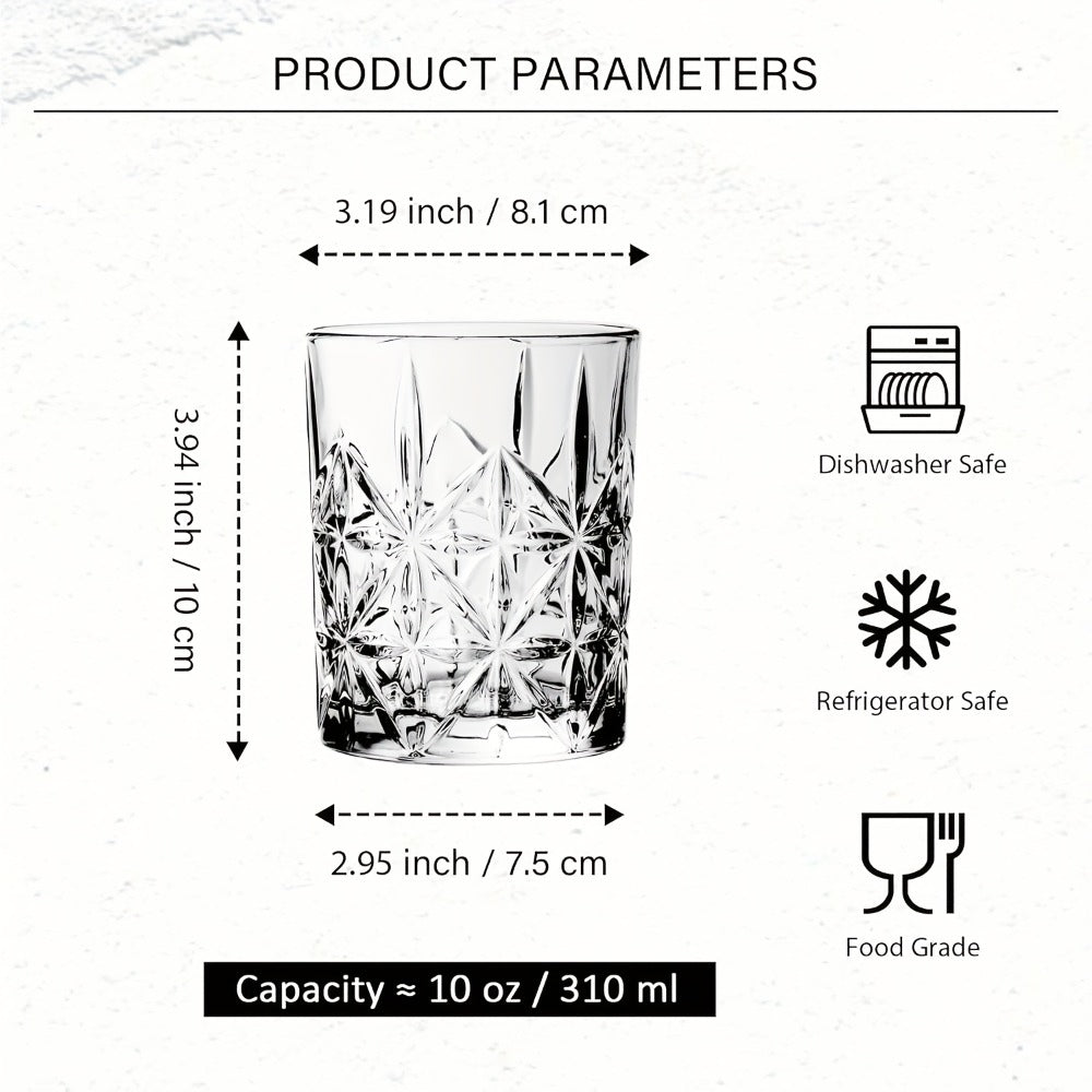 Whiskey Glasses Set of 6 - FBL&HM Lead-Free Crystal Old Fashioned Cocktail Glasses, 10oz Oval Stripe Bar Tumbler for Bourbon, Scotch, Brandy, Vodka & Mixed Drinks, Dishwasher Safe