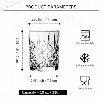 Whiskey Glasses Set of 6 - FBL&HM Lead-Free Crystal Old Fashioned Cocktail Glasses, 10oz Oval Stripe Bar Tumbler for Bourbon, Scotch, Brandy, Vodka & Mixed Drinks, Dishwasher Safe