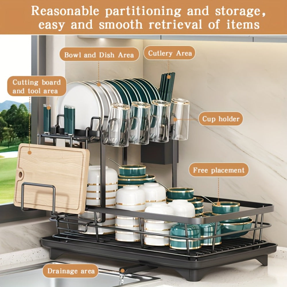 Two-Tier Dish Drying Rack, Metal Countertop Organizer with Cutlery Holder, Cup Holder and Drip Tray