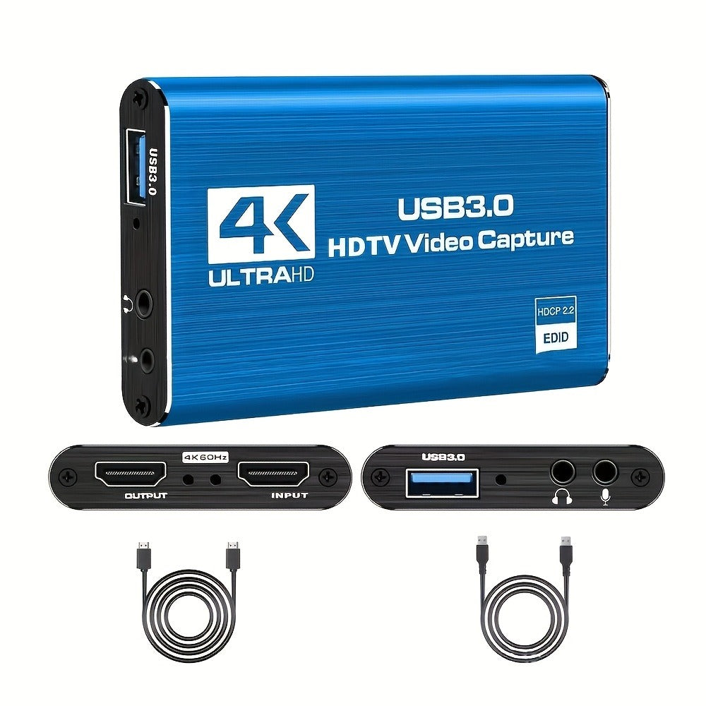 4K USB 3.0 Video Capture Card - 1080P 60fps HD Recorder, 4K UHD 60Hz Input, Compatible with OBS Live Game Streaming, Plug and Play for PC Mac PS5 Xbox Switch