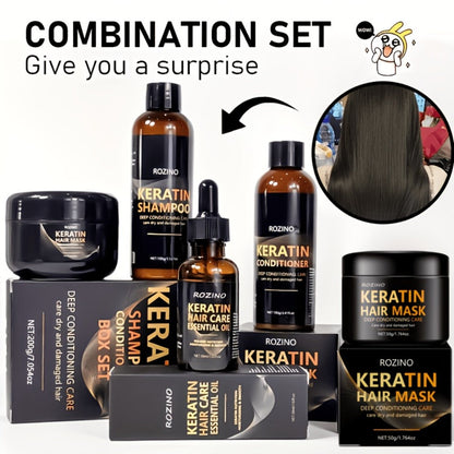 Five-Piece ROZINO Keratin Hair Care Set with Shampoo, Conditioner, Mask and Oil Container Formats