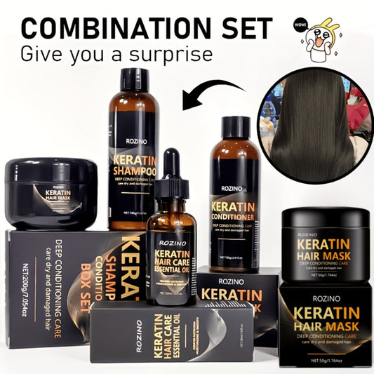 Keratin Hair Care Set 5pcs – Shampoo Conditioner Hair Mask & Essential Oil Bundle | Cleanses Strengthens Repairs Split Ends & Volumizes | Squalane Glycerin Formula for All Hair Types Unisex