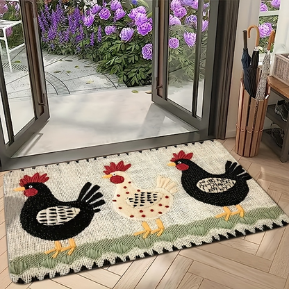 Rooster Print Door Mat with Light Striped Field and Fringed-Look Border in Three Rectangles or One Runner