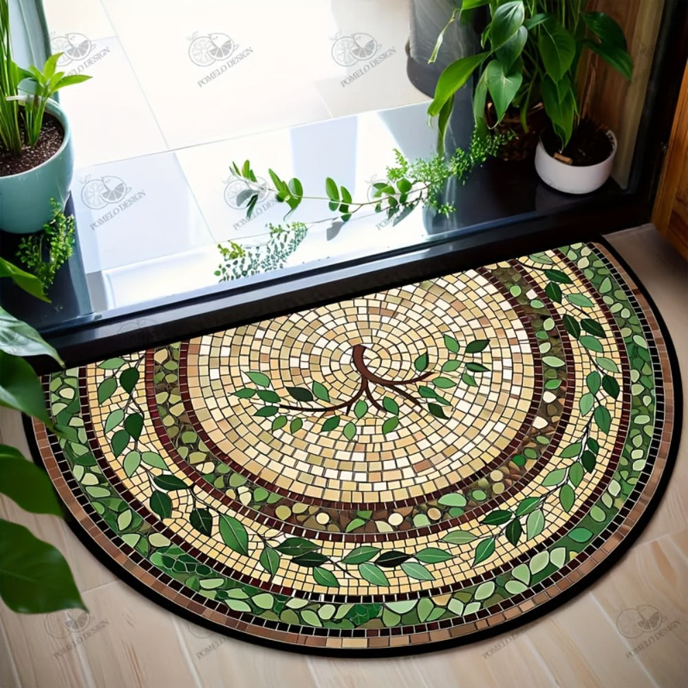 Green Leaf Mosaic Door Mat with Half-Round Shape, Concentric Decorative Borders and 32 x 20-Inch Size