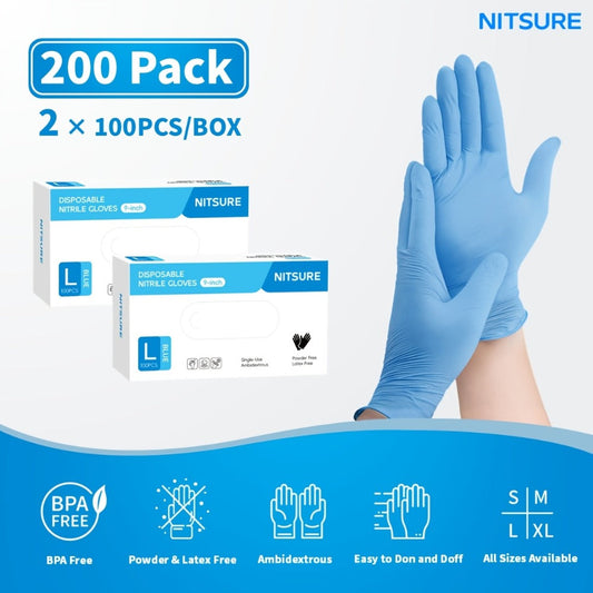 Blue Nitrile Disposable Gloves 5.5 Mil, Bulk Pack 101/201/501/1000 Count, Latex-Free Powder-Free Chemical Resistant Elastic Fit, for Household Cleaning, Tattooing, Painting, Car Washing & Maintenance