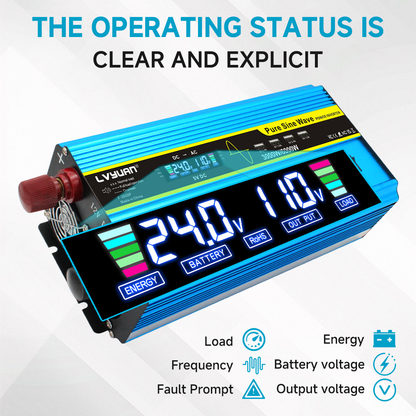 Blue 12V or 24V DC to 110V AC Power Inverter with LCD, Four AC Receptacles and Remote Presentation