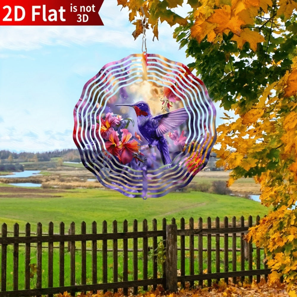 Ten-Inch Hummingbird Garden Wind Spinner with Flat Kinetic Metal Design and Multicolor Floral Artwork