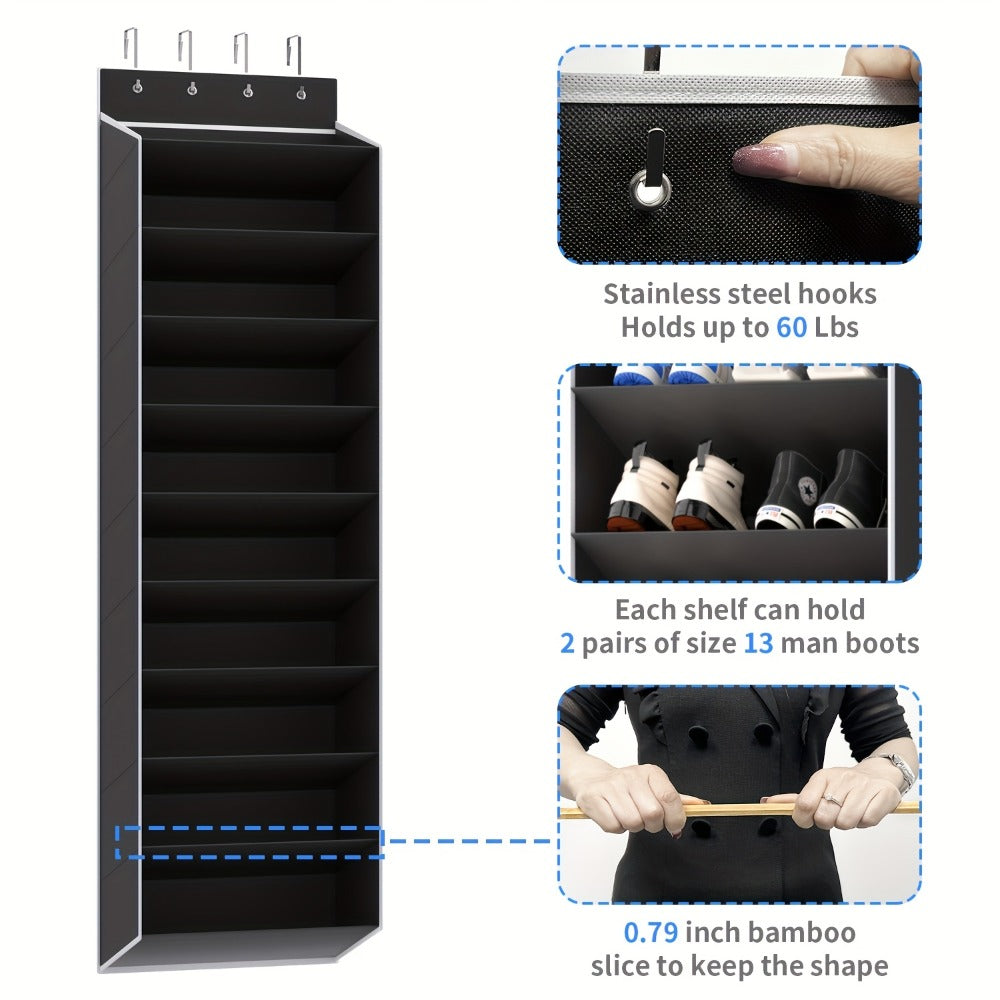 Shoe Rack 10-Tier Space-Saving Over-the-Door Organizer for Up to 20 Pairs with 4 Metal Hooks in Gray