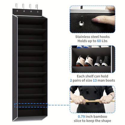 Shoe Rack 10-Tier Space-Saving Over-the-Door Organizer for Up to 20 Pairs with 4 Metal Hooks in Gray