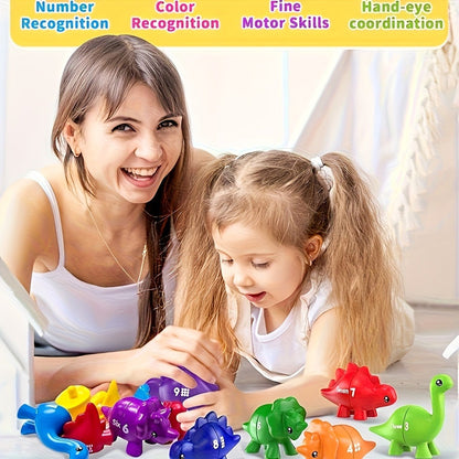 Dinosaur Number Matching Toy for Toddlers — 10 Pairs Retractable Plug-In Counting Sorting Math Game with Storage Bag, Montessori STEM Learning Gift for Boys Girls Ages 1-3, Birthday Easter Christmas