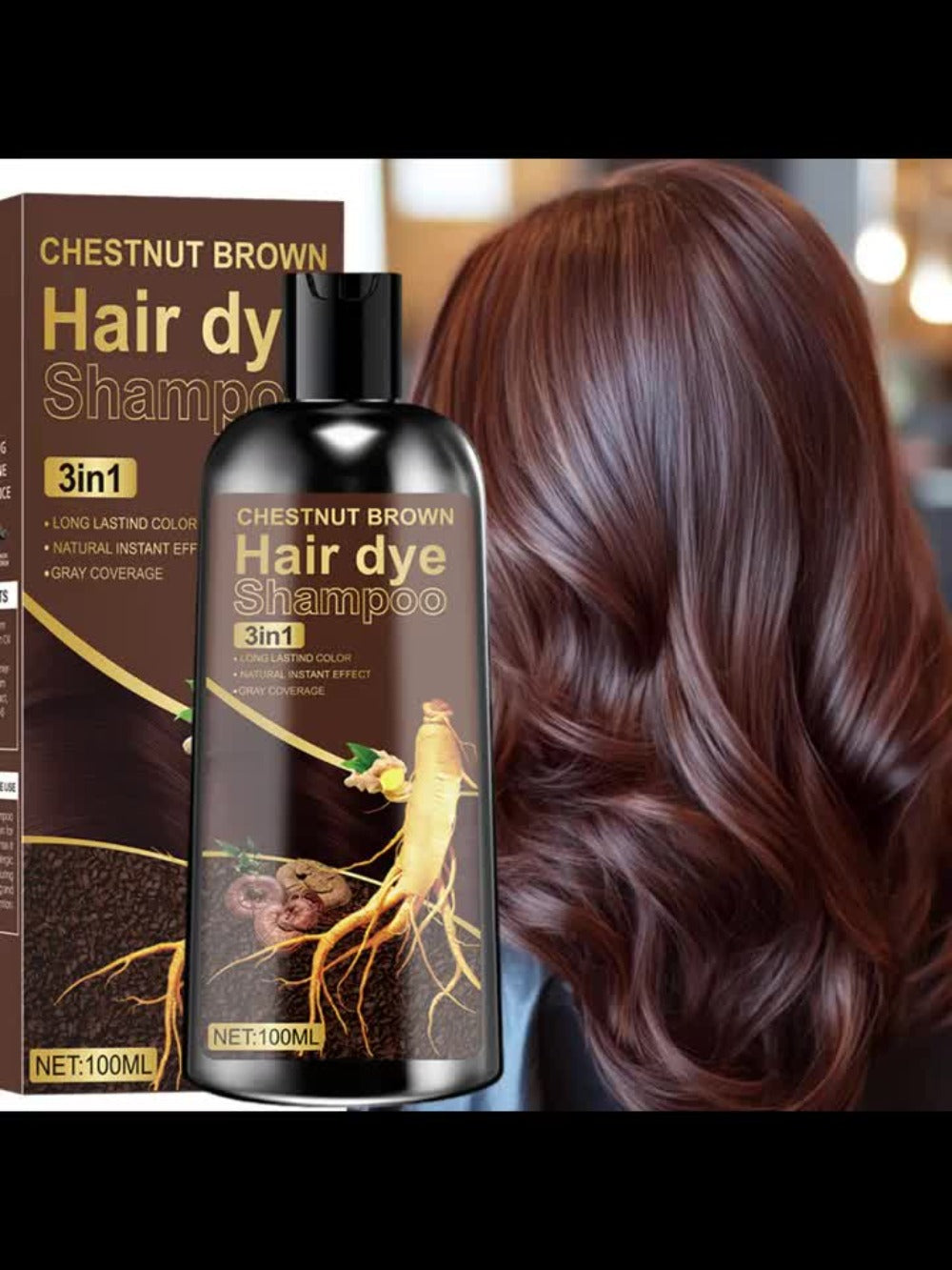 Plant Extract Hair Coloring Shampoo 100ml 3.38oz | Deep Moisturizing Scalp-Safe Gray & White Hair Coverage | Long-Lasting Botanical Color | Black Brown Chestnut Brown for Men & Women