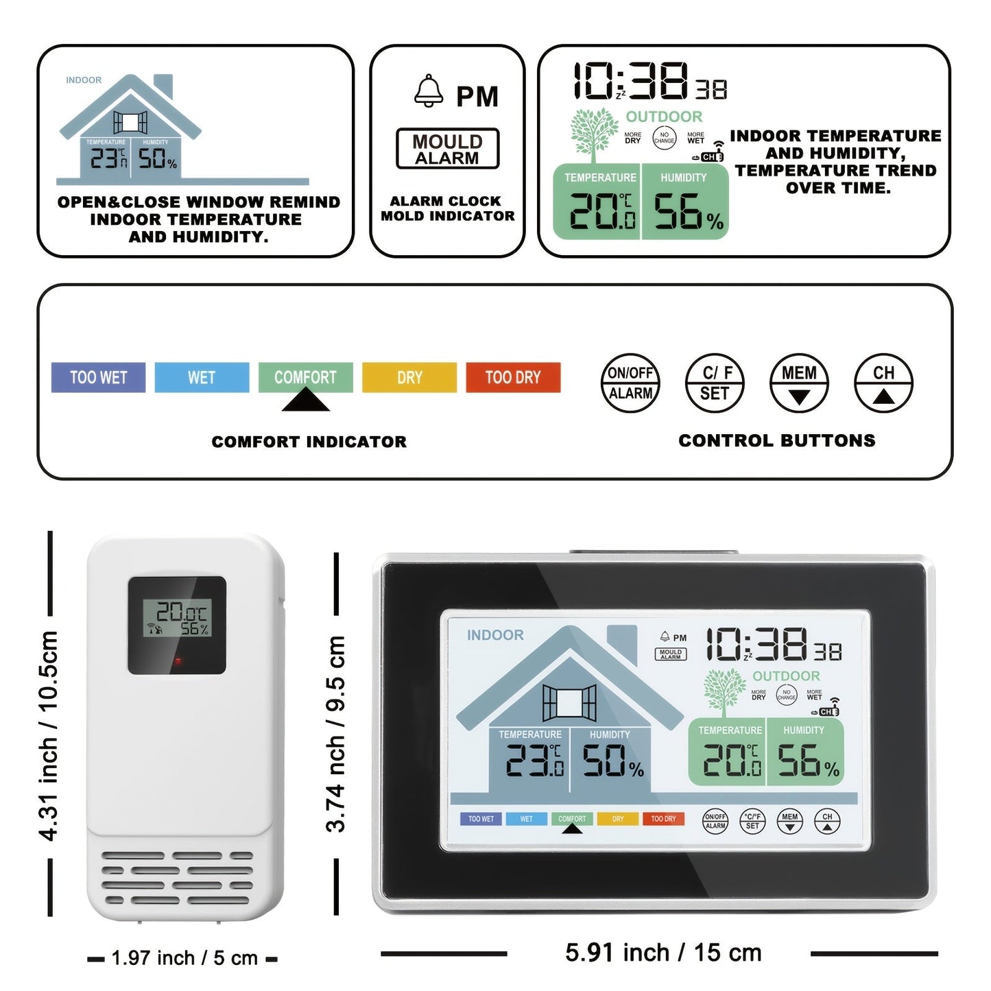 5055C Wireless Indoor Outdoor Thermometer with Color Display, Humidity, Forecast and Remote Sensor