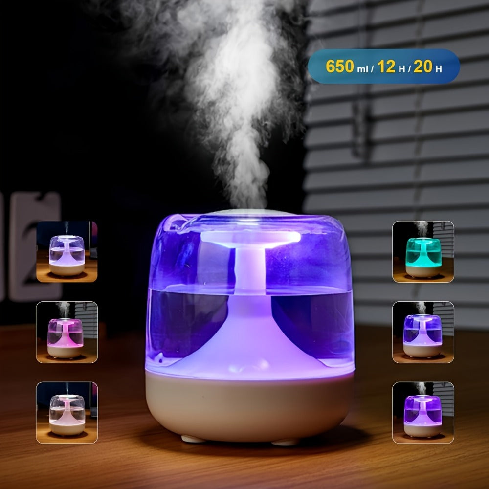 USB Humidifier with 7-Color Night Light – Silent 26dB Double Mist Visible Water Tank 24-Hour Runtime for Bedroom Living Room Office Desktop Home Decor Gift