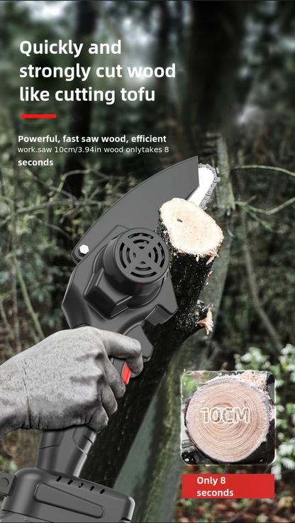 Electric Mini Chainsaw 6-Inch with Debris Guard & Toolbox - Cordless Handheld Pruning Saw with Safety Lock, Rechargeable Battery & Alloy Chain for Tree Pruning, Branch Cutting & Garden Use