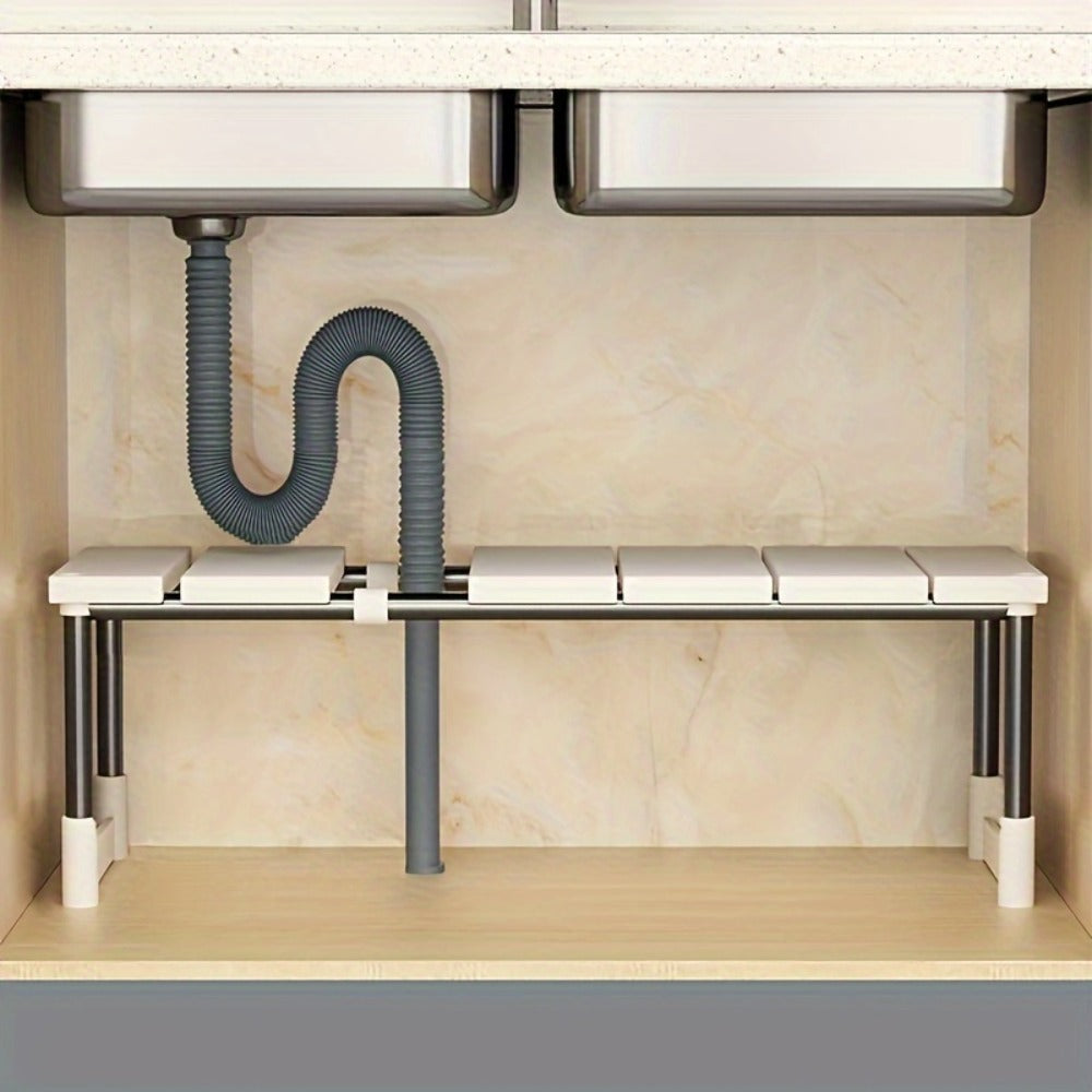 Adjustable Under-Sink Organizer with White Single-Layer Sliding Panels, Metal-Look Supports and Central Plumbing Gap