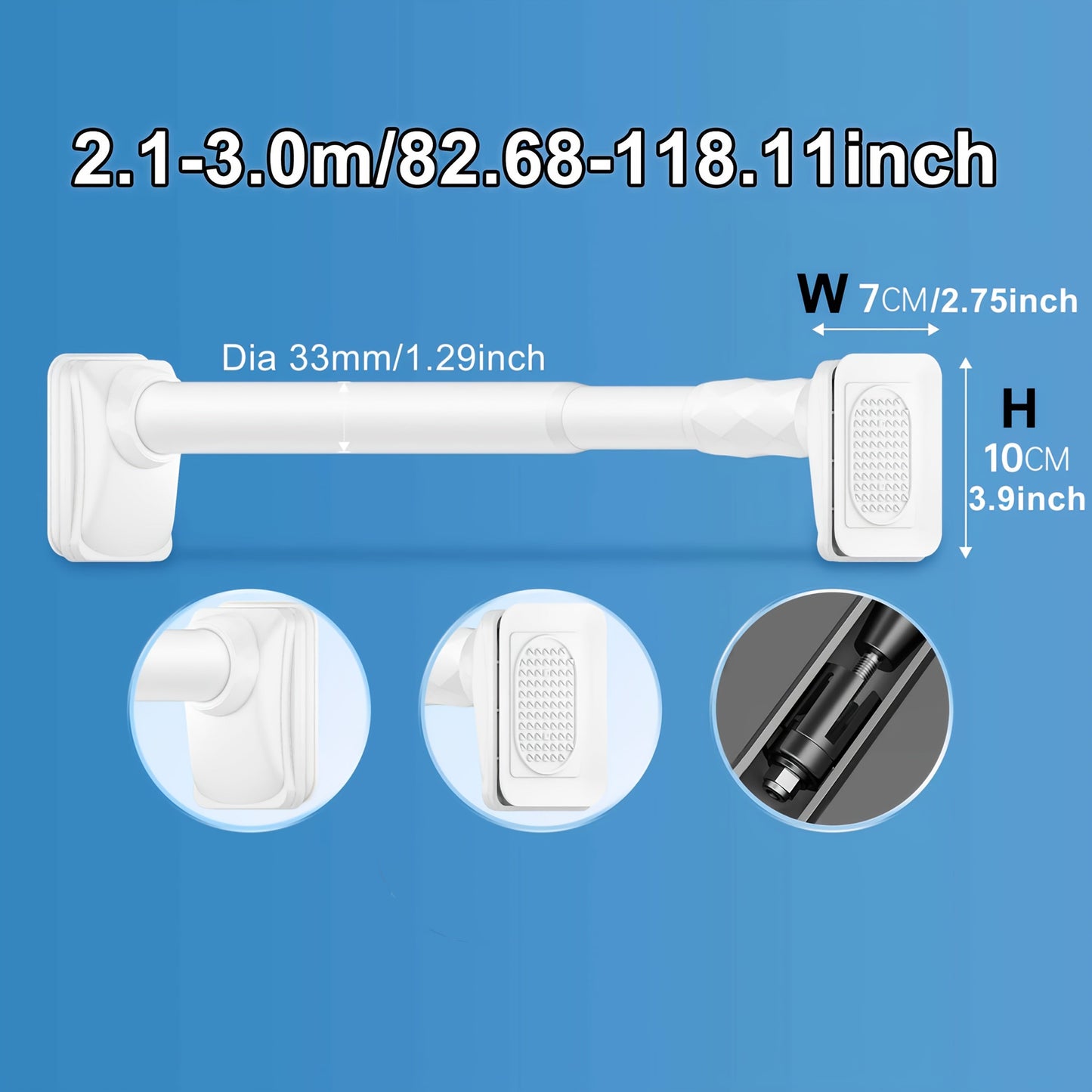 No-Drill Tension Curtain Rod with 33 mm Tube, Black, White or Grey Finish and 15.75–196.85 Inch Ranges