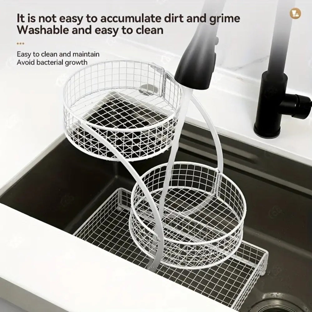Three-Tier Metal Makeup Organizer with Round Baskets, Tissue Holder and White Iron Frame Design