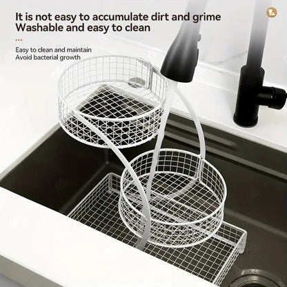 Three-Tier Metal Makeup Organizer with Round Baskets, Tissue Holder and White Iron Frame Design