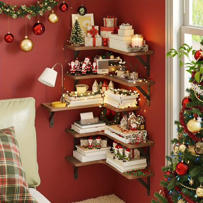 Corner Wall Shelf Set with L-Shaped Boards, Metal Brackets, Five- or Six-Piece Options and Seven Finishes
